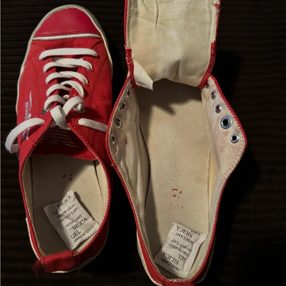 Red Armani Jeans tennis shoes, unisex men’s size 7.5/40.5!!!!